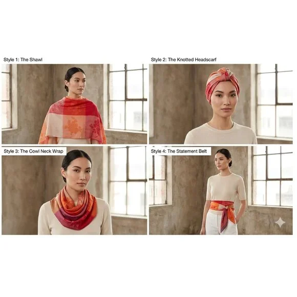 Orange 100% Cashmere Square Scarf with 9 tile Floral Patterns - Picture 5 of 9